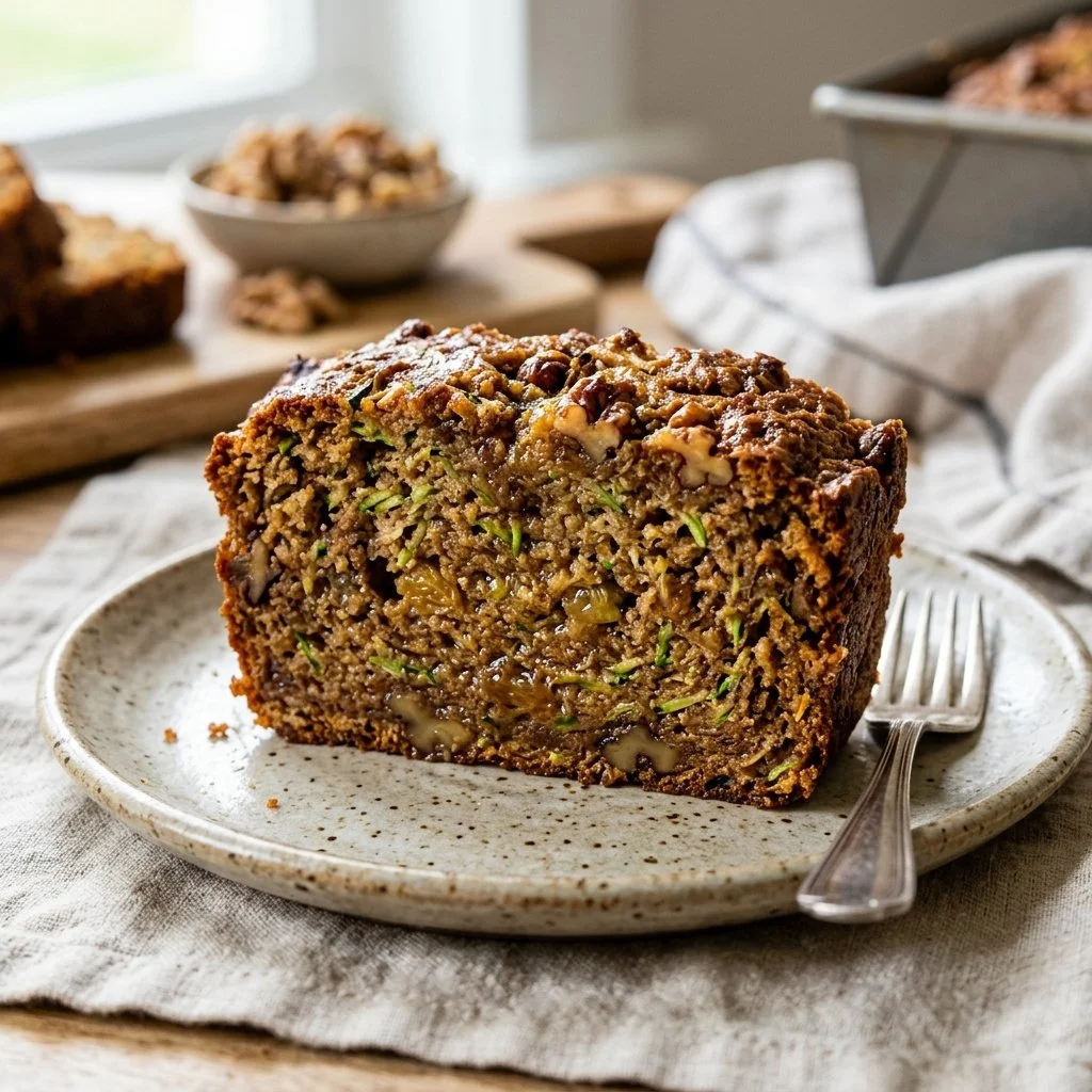 Delicious slice of homemade zucchini bread with nuts and spices