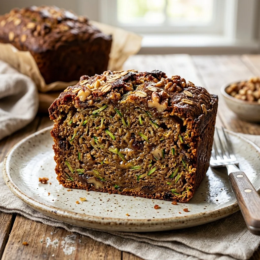 Loaf of freshly baked zucchini bread with green flecks and spices.