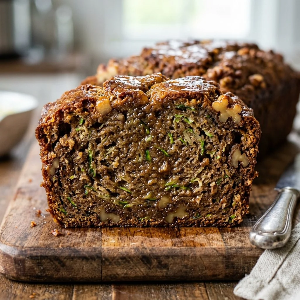 Homemade zucchini bread slices on a wooden cutting board