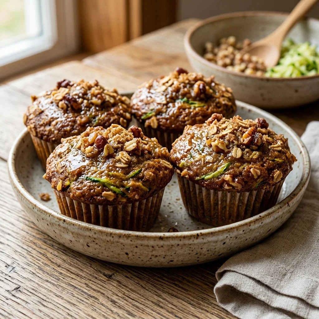 Freshly baked zucchini bread muffins topped with nuts and spices