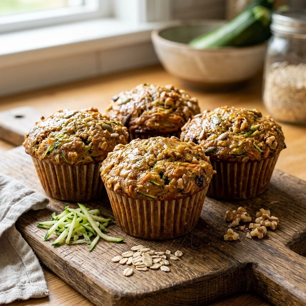 Freshly baked zucchini breakfast muffins on a cooling rack.