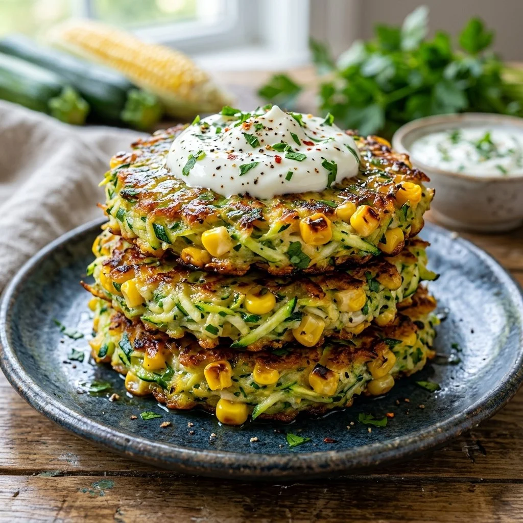 Plate of freshly cooked zucchini corn fritters, golden and crispy