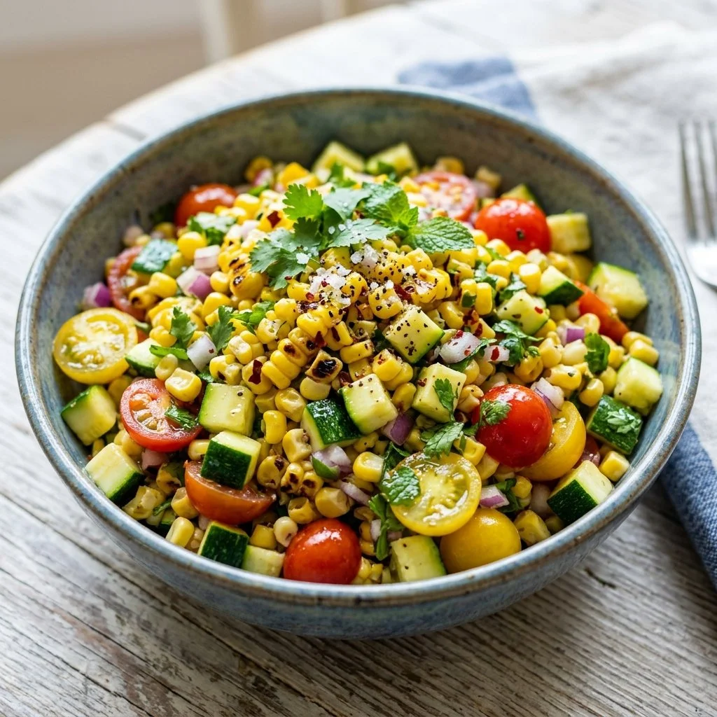Fresh Zucchini Corn Salad with herbs and vegetables