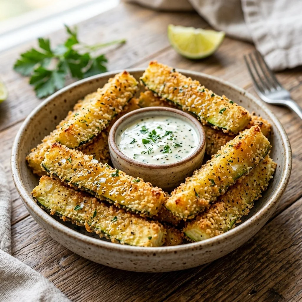 Crispy homemade zucchini fries served on a plate with a dipping sauce