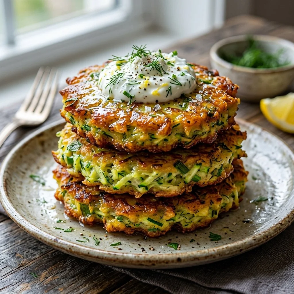 Crispy zucchini fritters served on a plate with dipping sauce.