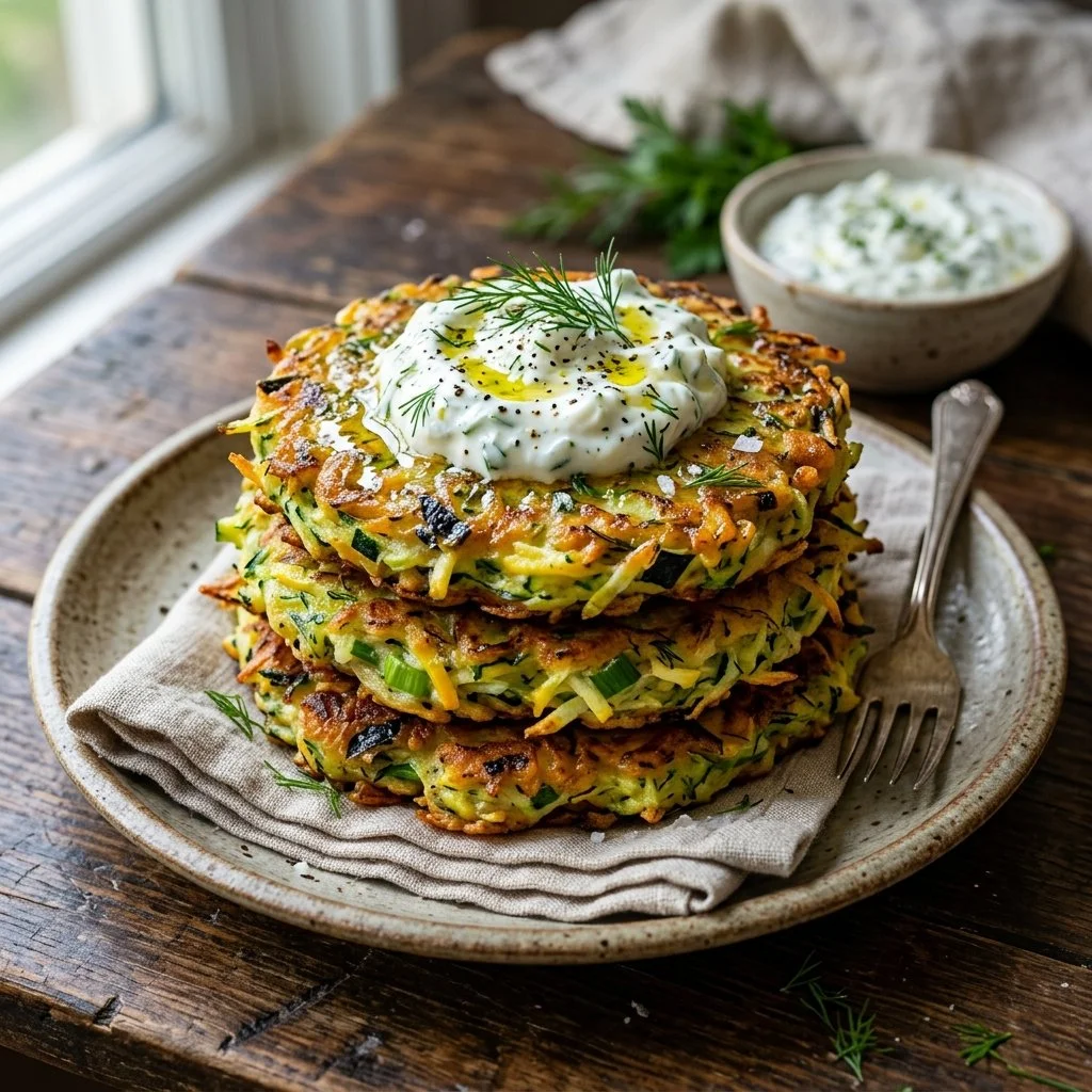 Plate of crispy zucchini fritters served with dipping sauce
