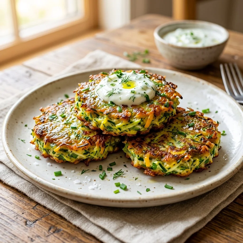Crispy zucchini fritters served on a plate with dipping sauce