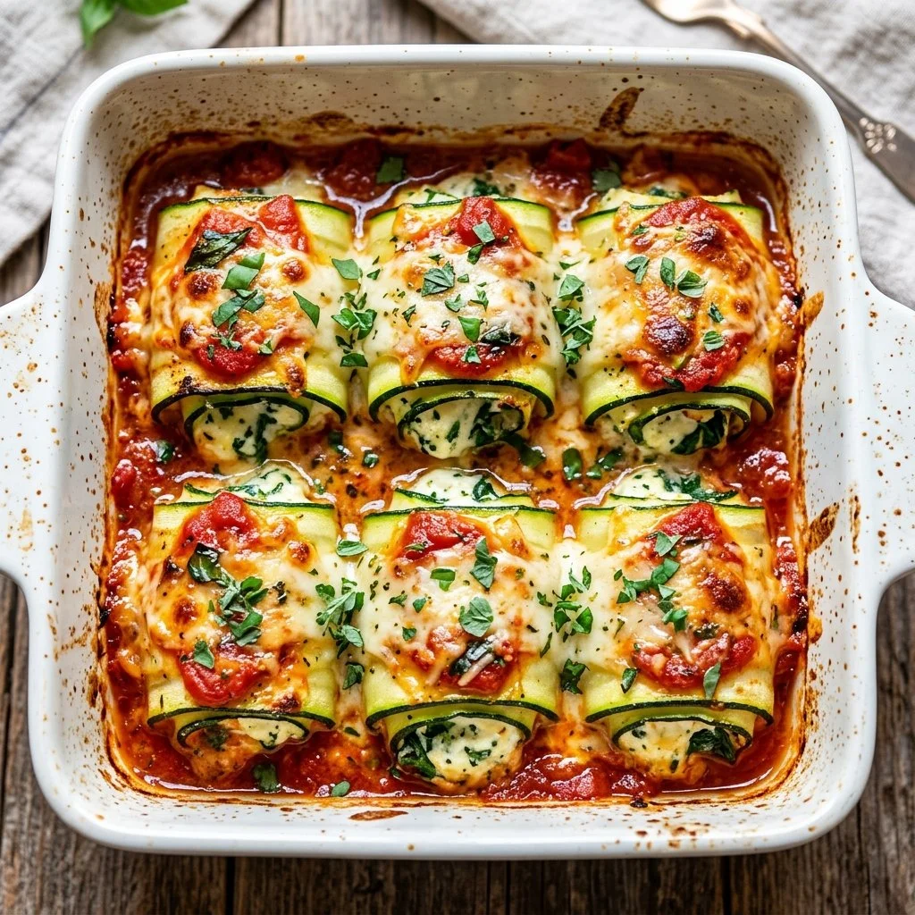 Baked zucchini lasagna roll ups filled with cheese and marinara sauce