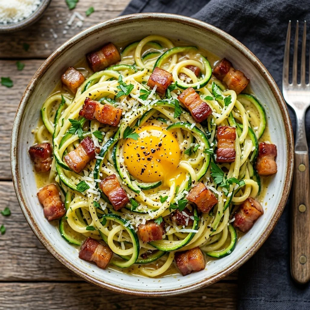Delicious bowl of Zucchini Noodle Carbonara with creamy sauce and bacon bits