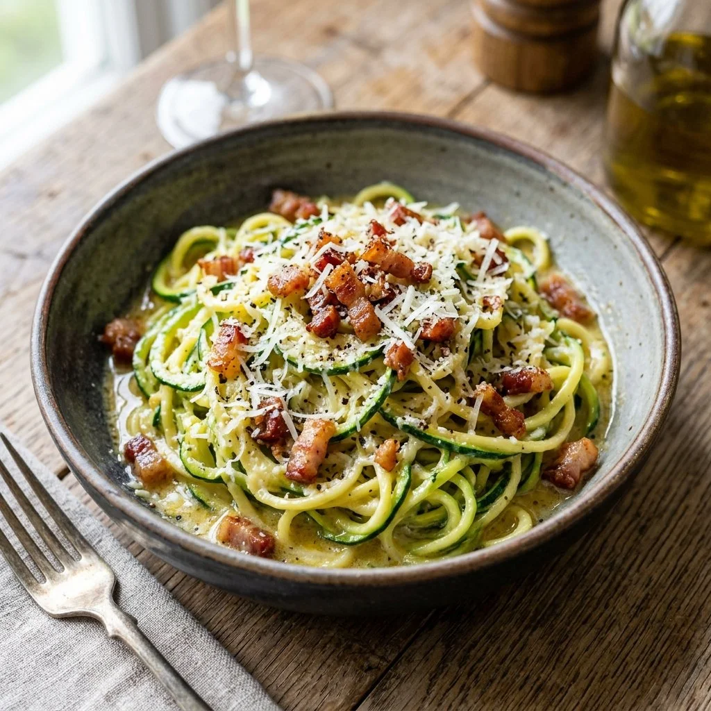 Plate of delicious zucchini noodle carbonara garnished with parsley and parmesan cheese
