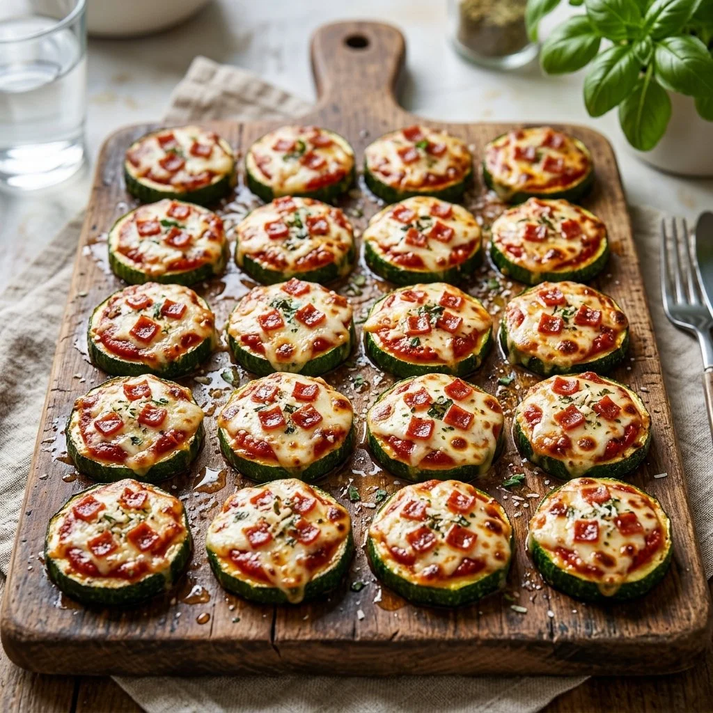 Zucchini pizza bites topped with cheese and herbs on a plate